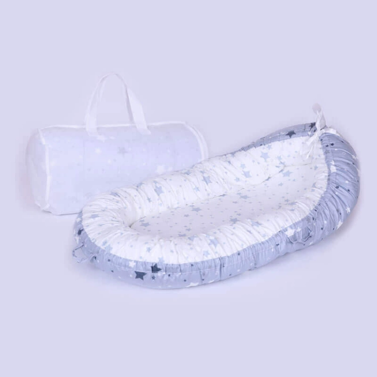 Picture of White With Grey Stars Portable Baby Bed (With Name Printing)
