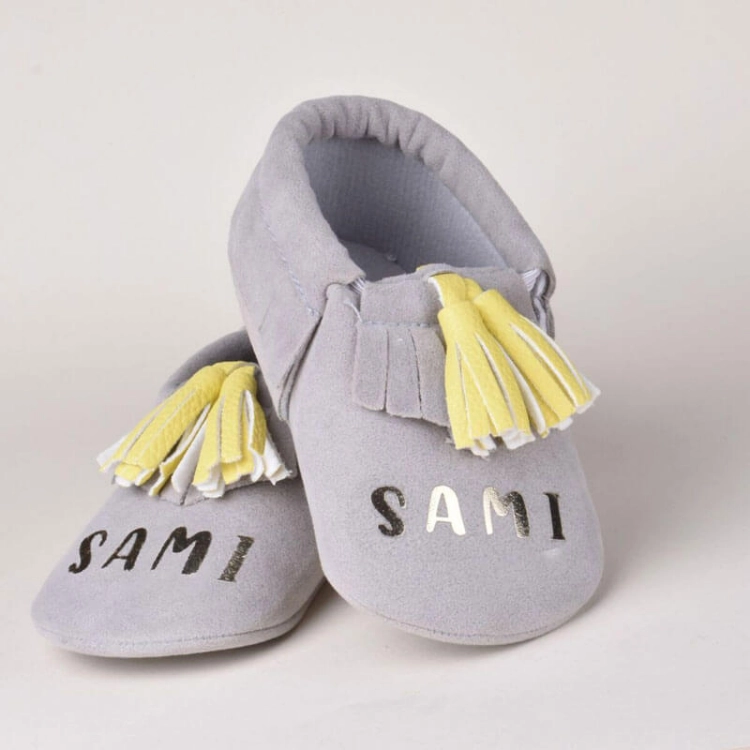 Picture of Gray Shoes With Yellow Karkocha For Babies (With Name Printing)