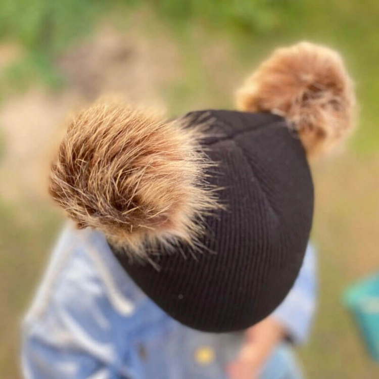 Picture of Black Beenie Cap With Fur For Kids (With Name Embroidery) - Suitable For Below 2 Years