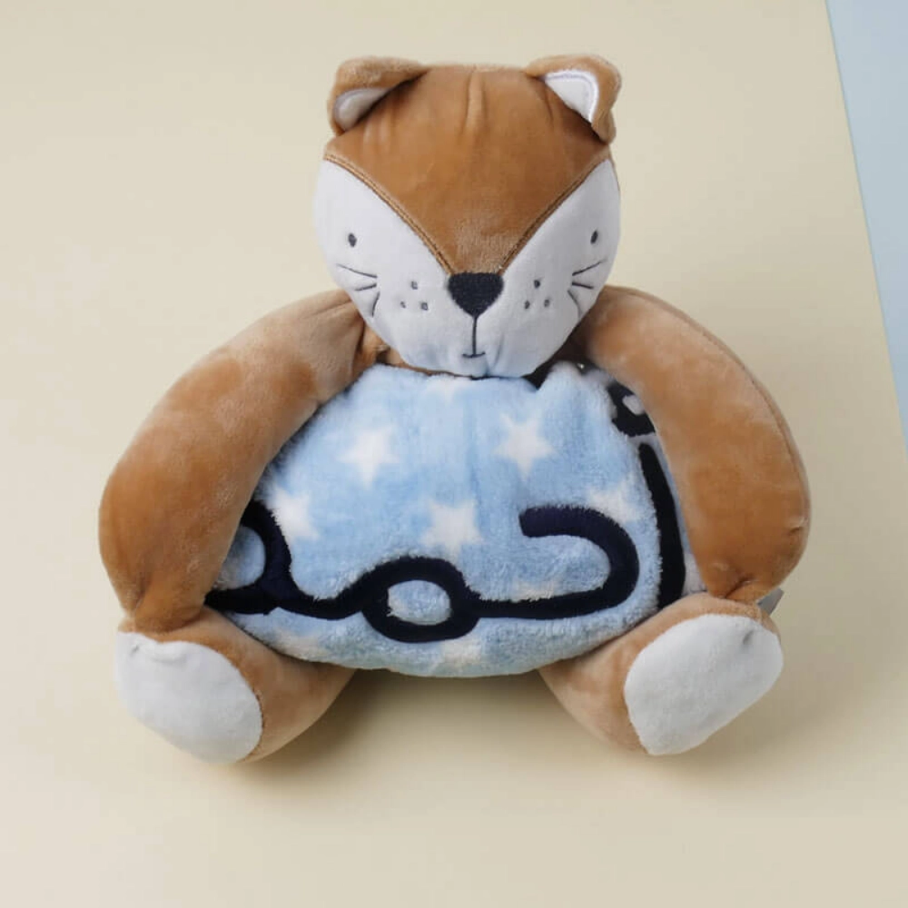 Picture of Light Blue Kids Blanket With Cat Doll (With Name Embroidery Option)