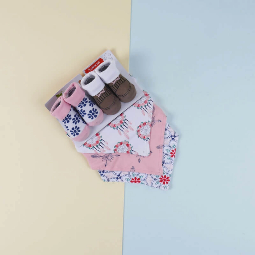Picture of 5 Pcs Pink Floral Newborn Set - Bandana Bib And Shoes