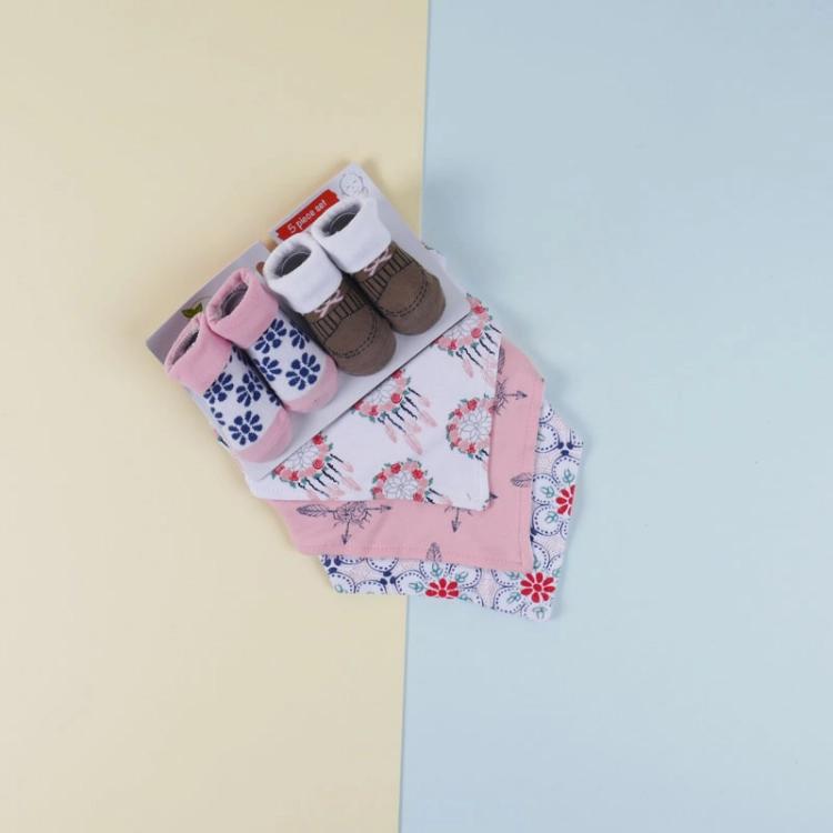 Picture of 5 Pcs Pink Floral Newborn Set - Bandana Bib And Shoes