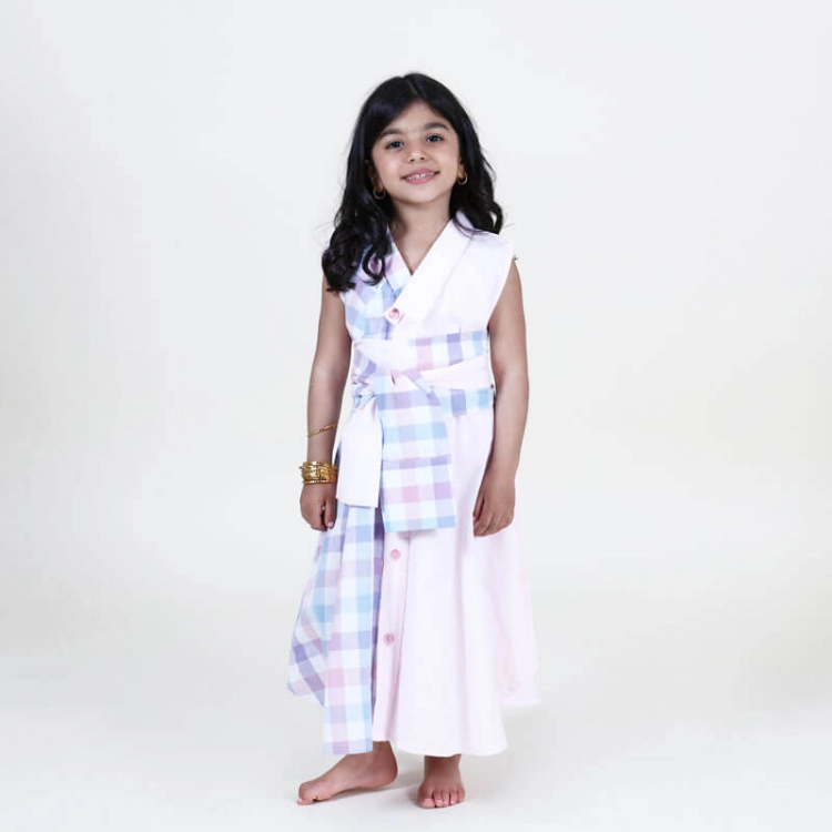 Picture of Pink Checkered Summer Dress WIth Belt For Girls