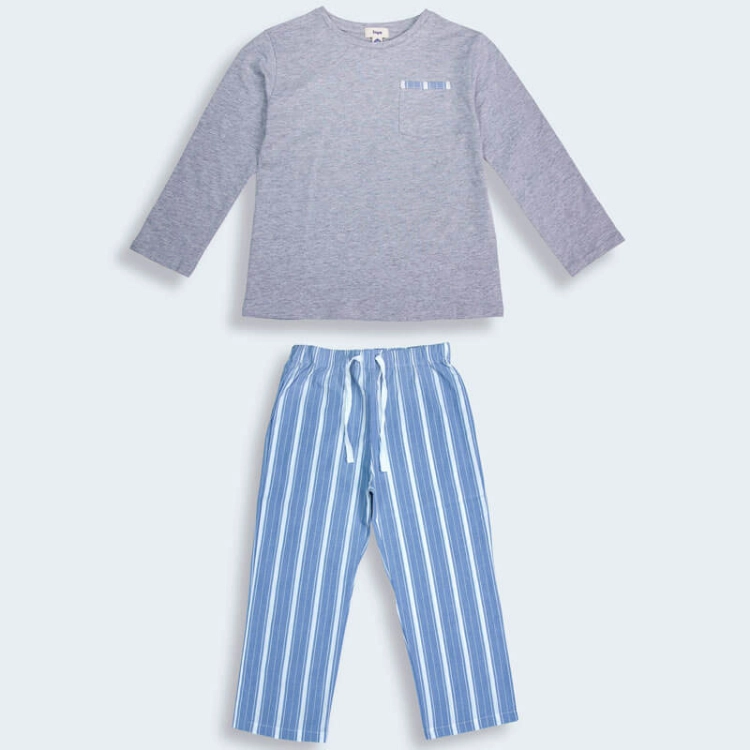 Picture of Tiya Grey And Blue Striped Pants Pajama Set  (With Embroidery Option)