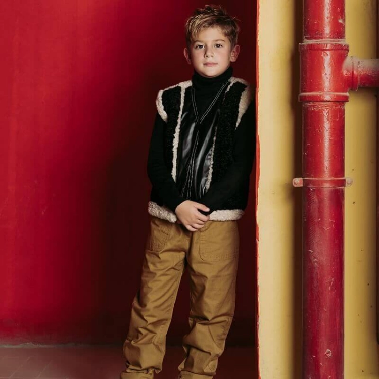 Picture of Black Teddy Fur Vest With Leather For Kids (With Back Name Embroidery Option)