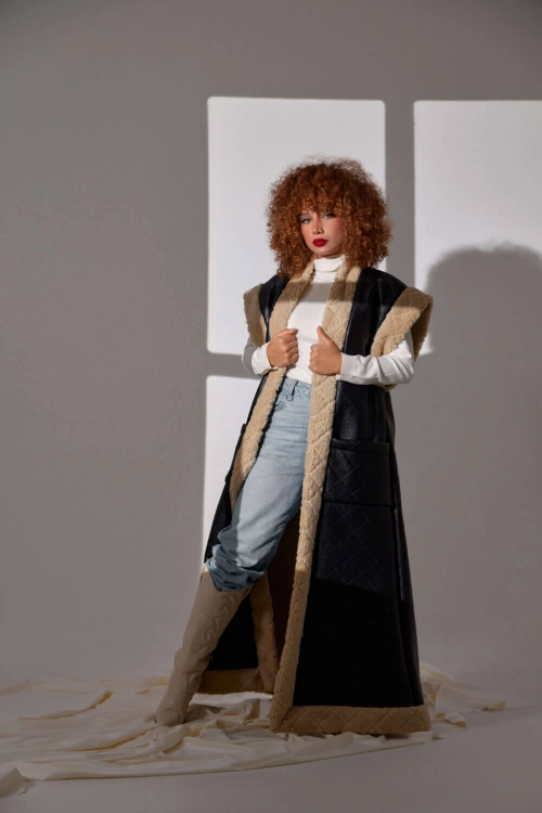 Picture of Black Patterned Winter Leather Furwa For Women (With Name Embroidery Option)