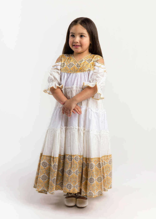 Picture of 23SS0TB497292 Custard Gergean Dress With Golden Embroidery