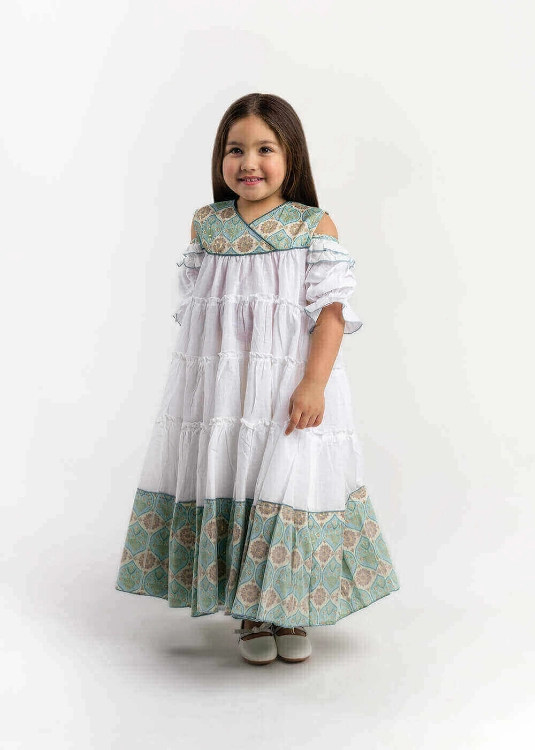 Picture of 23SS0TB497292 Turquoise Gergean Dress With Golden Embroidery