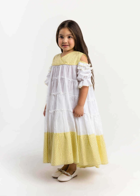 Picture of 23SS0TB497291 White Gergean Dress With Yellow Shoulder For Girls