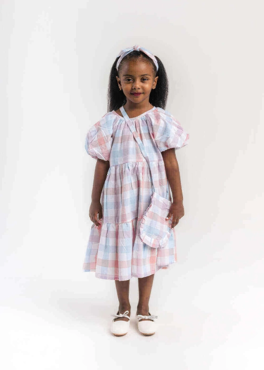 Picture of Light Pink Gergean Dress With Bag For Girls 2023