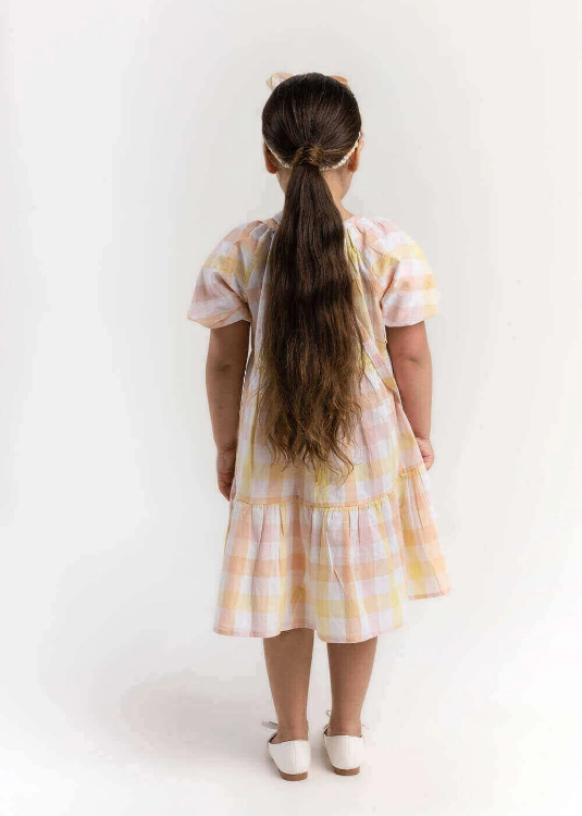 Picture of Yellow Gergean Dress With Bag For Girls 2023