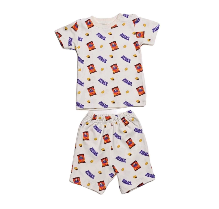 Picture of White Hello Panda Top And Pajama - Short sleeves Set