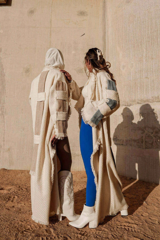 Picture of 7477 Off White With Beige Long Cardigan For Women