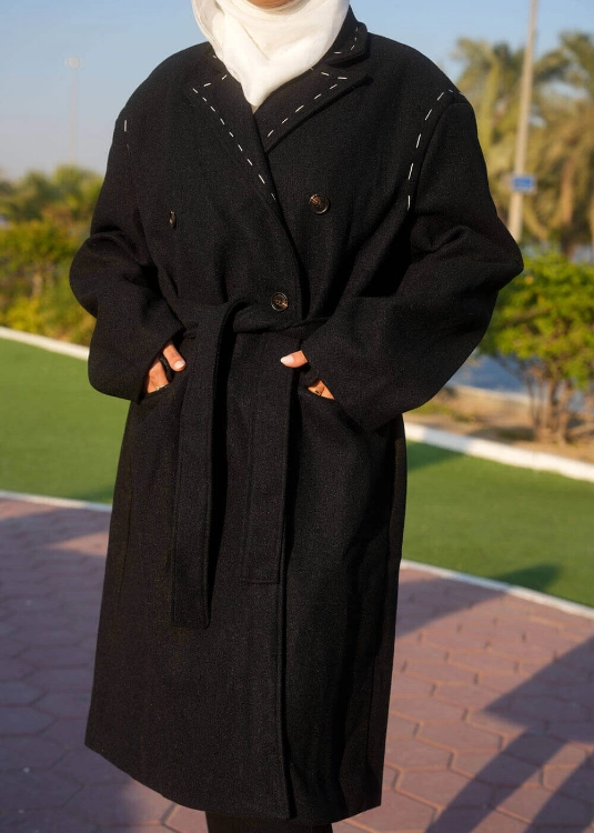 Picture of 7456 Black Big Size Trench Coat For Women