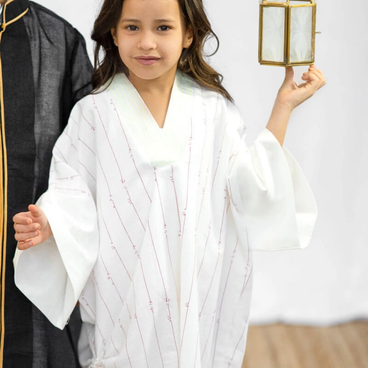 Picture of White Kimono With Maroon Arabic Font Dress For Girls
