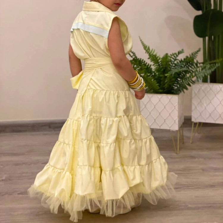 Picture of Yellow And Tiffany Sleeveless Pastel Set Skirt With Crop Top For Girls