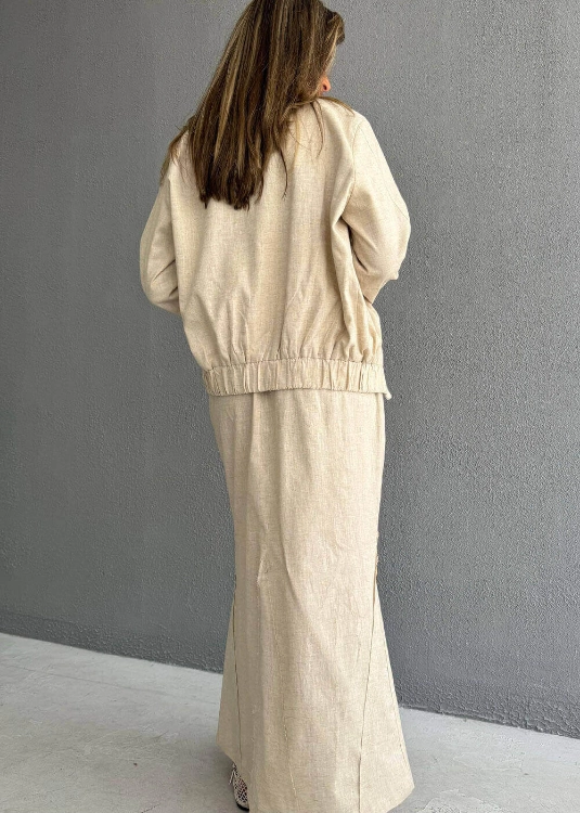 Picture of 7579 Beige Bomber Jacket With Skirt Linen Set For Women