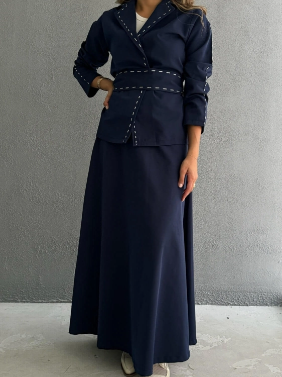 Picture of 7684 Navy Jacket Set With Skirt And Belt For Women