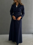 Picture of 7684 Navy Jacket Set With Skirt And Belt For Women