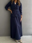 Picture of 7684 Navy Jacket Set With Skirt And Belt For Women