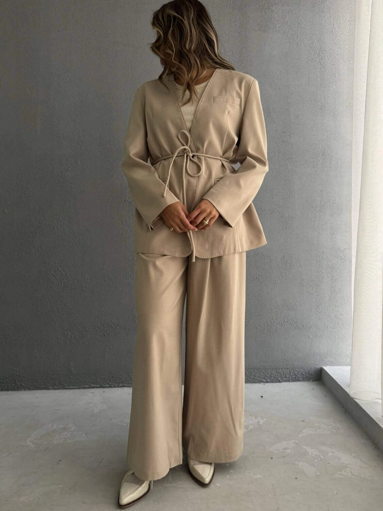 Picture of 7662 Beige Blazer Set With Pants For Women